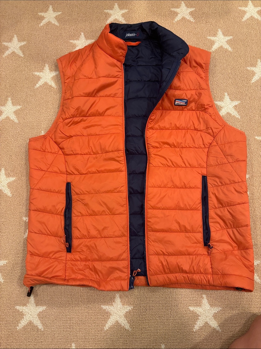 johnnie-O Orange Quilted Puffer Vest with Navy Lining